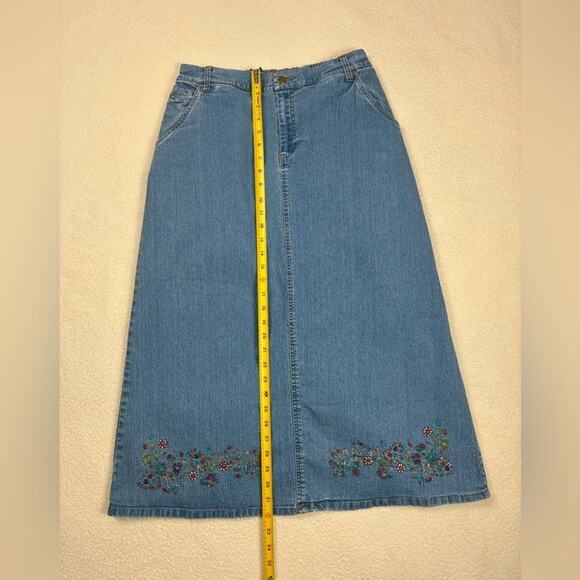 Vintage Papagallo Denim Midi Skirt Womens 10 Blue Jean Floral Beaded - Picture 7 of 8